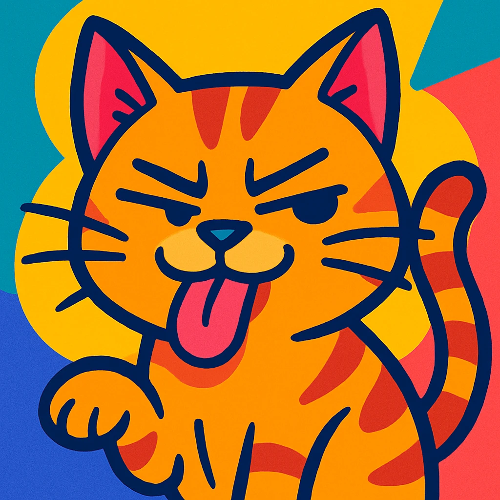 chat qui tire la langue, l'air moqueur, style cartoon coloré emoji