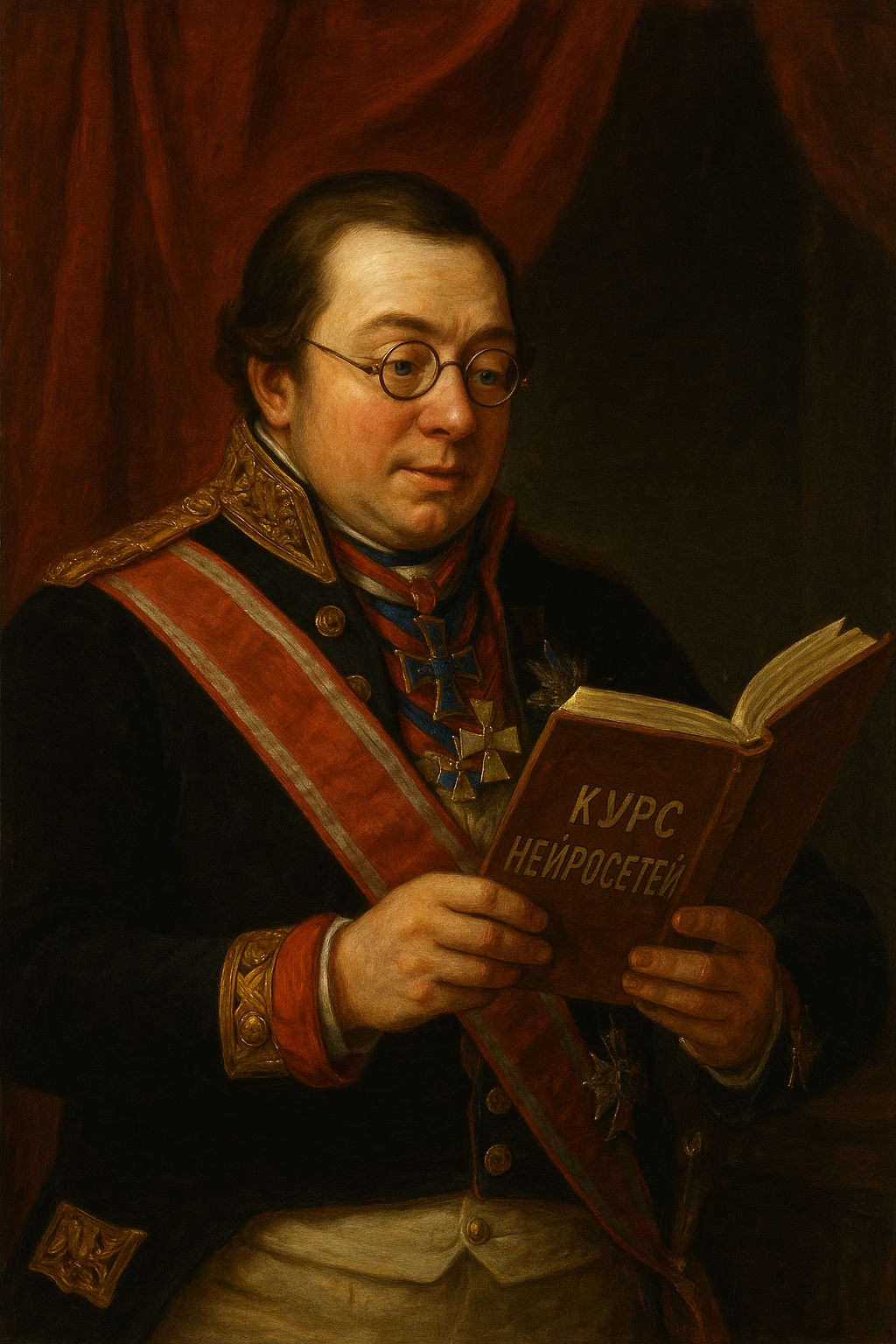 Павел Николаевич Демидов заинтересовано изучает в руках книгу на которой написано Курс Нейросети рисованный стиль emoji