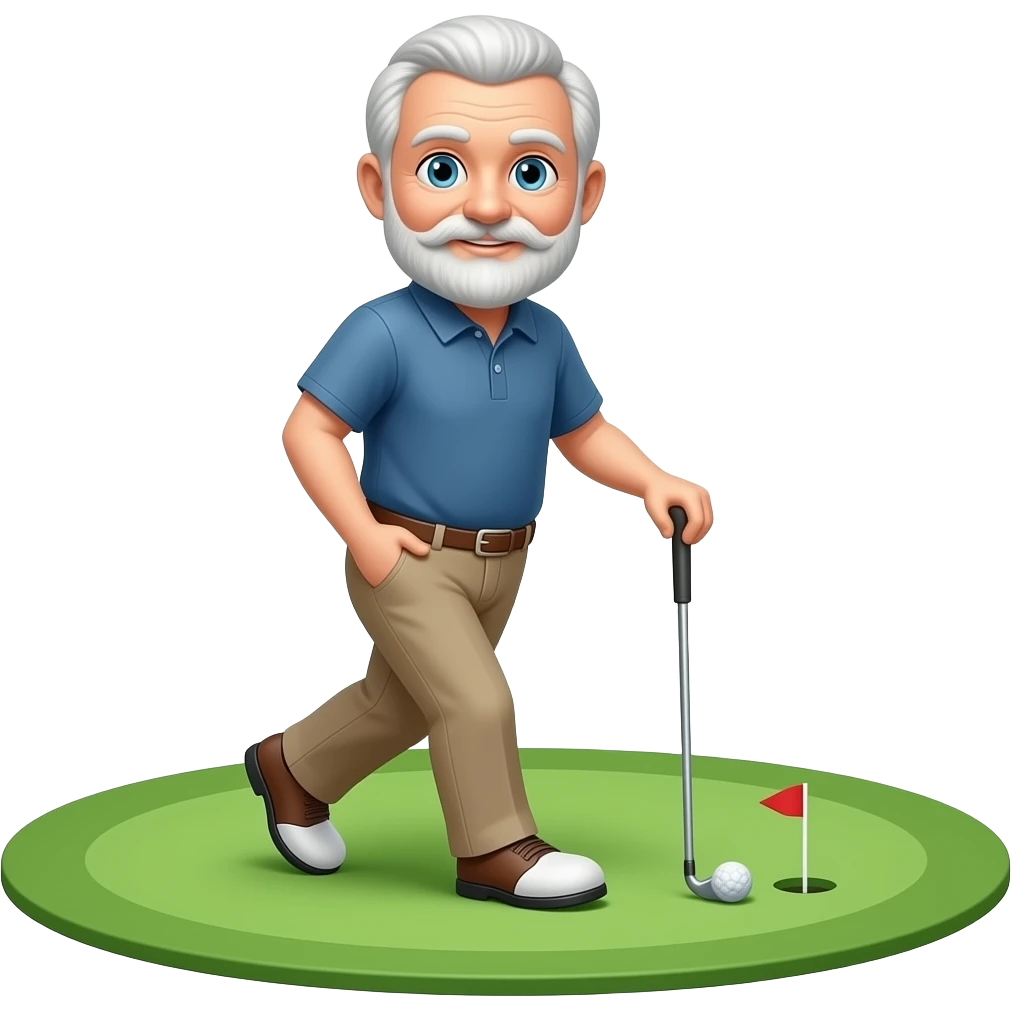 Bald old man with a beard walking the golf course with a cane and golf club emoji