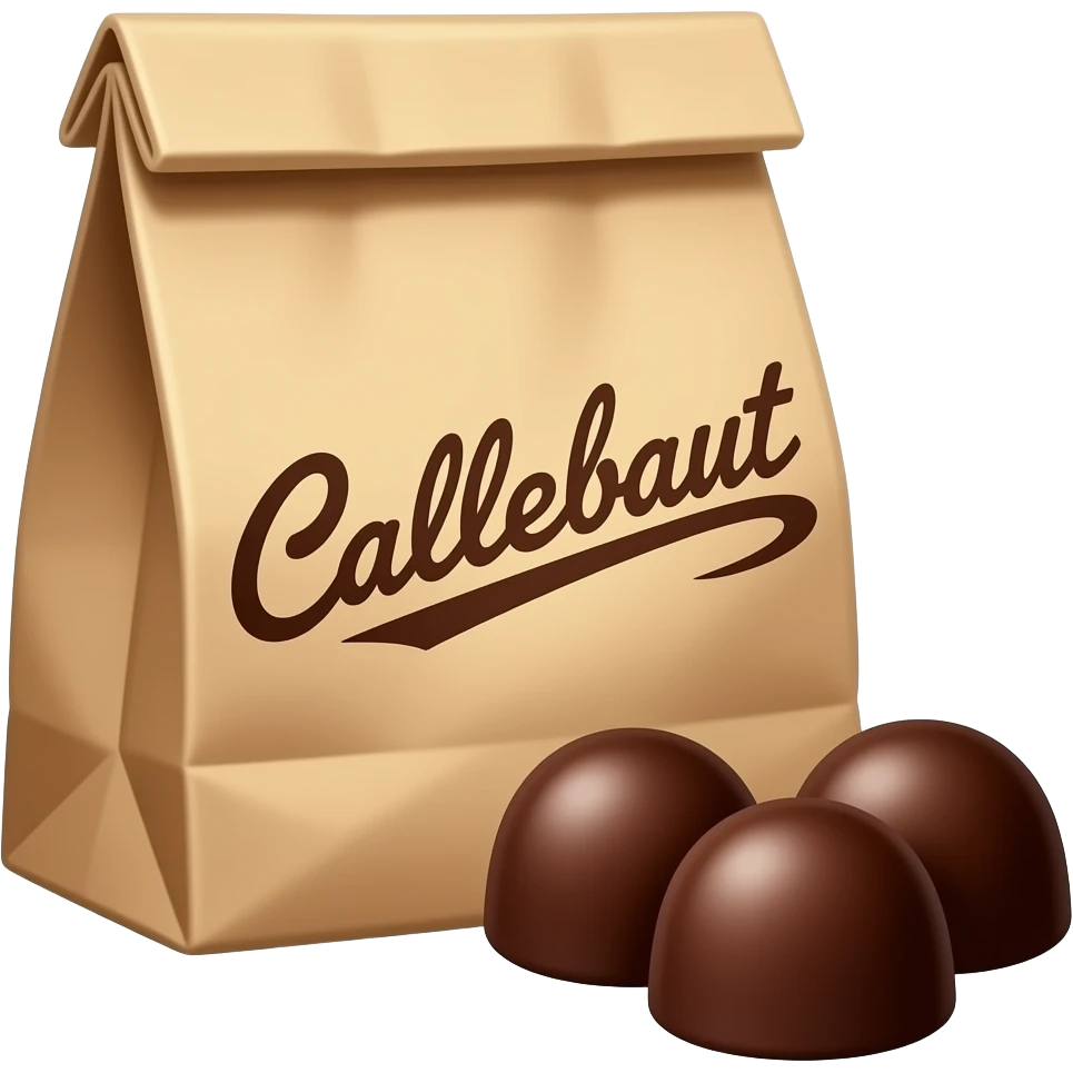 A brown bag of chocolate with the word "callebaut" written on it. Three round chocolate callets are lying in the foreground. emoji