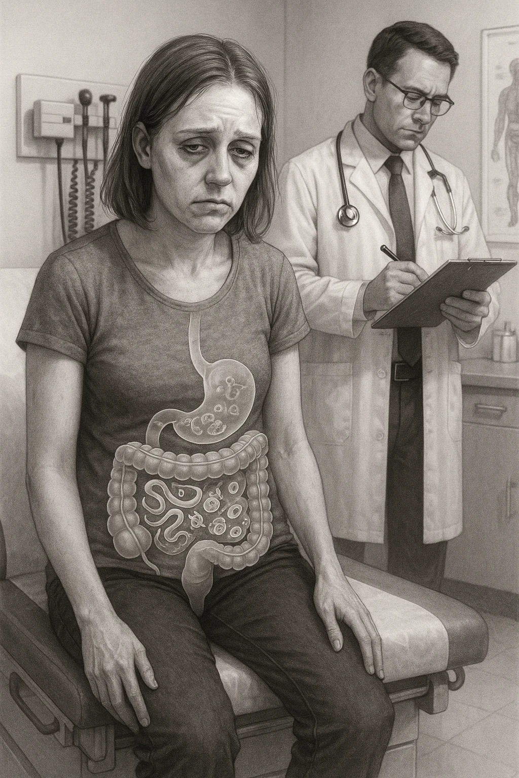 a woman in her 30s sits slumped on a doctor’s examination table, her face pale and eyes sunken with deep fatigue. A transparent overlay on her abdomen reveals stylized images of internal parasites, such as worms or protozoa, inside her digestive tract. The doctor stands nearby, reviewing medical charts. The mood is clinical and educational. emoji