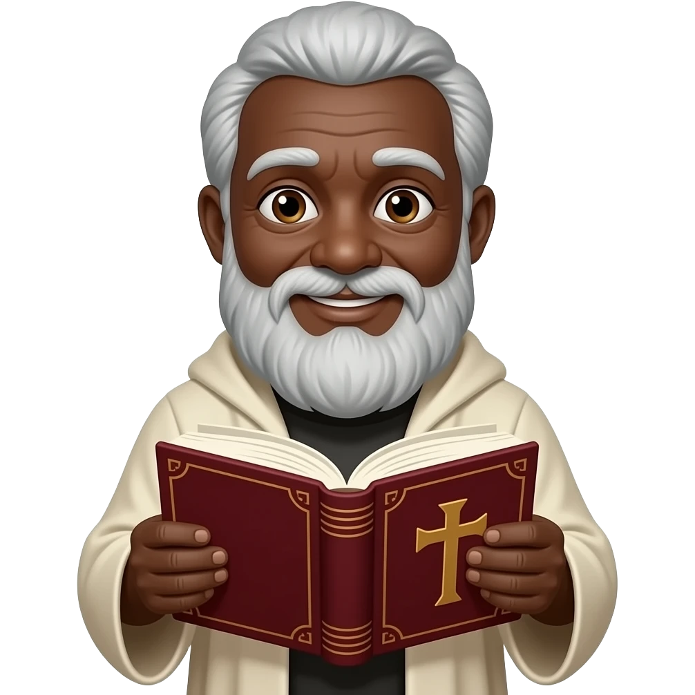 wise old man slight smile with grey hair robe slight brown eyes white beard black skin warm holding open burgundy book that has a cross on it emoji