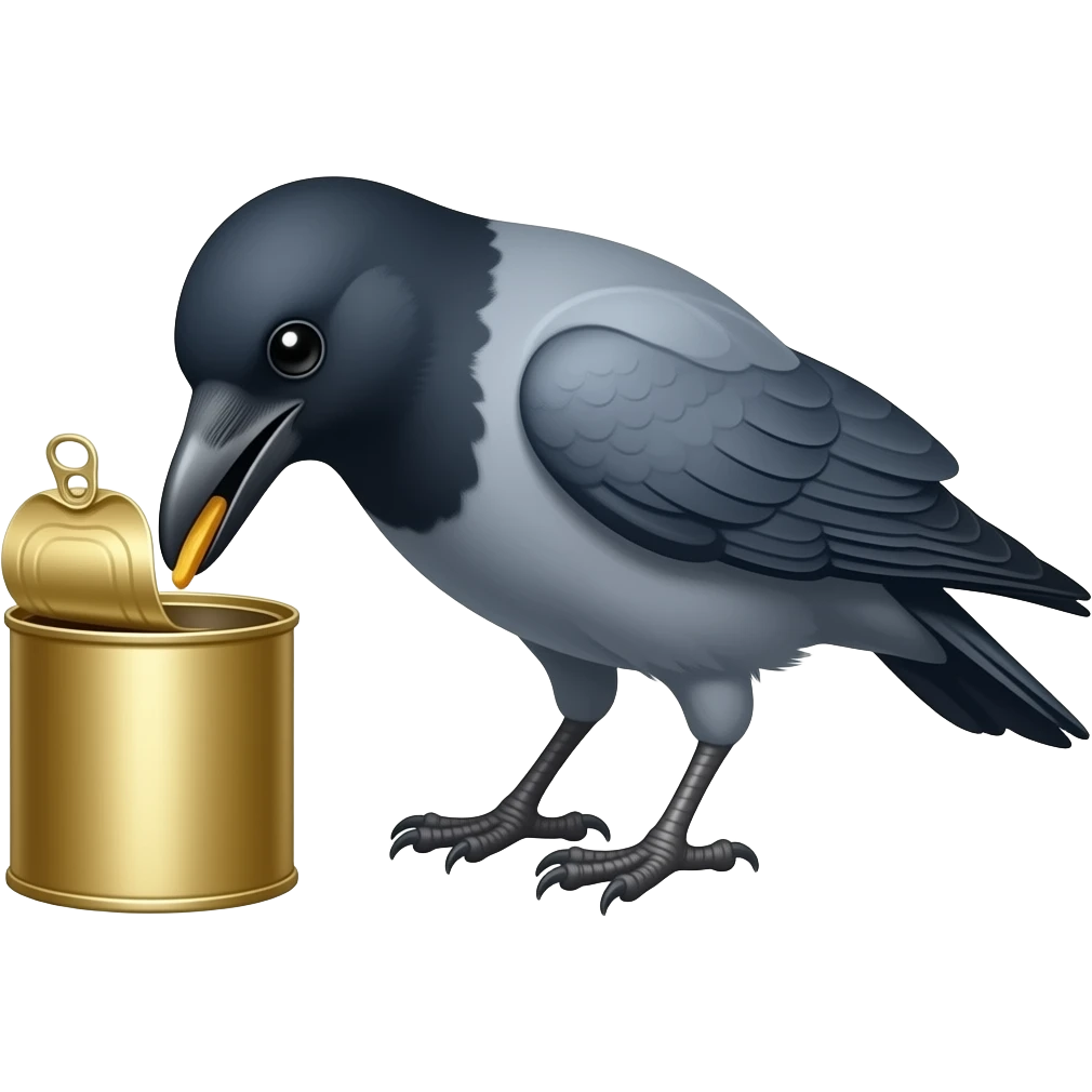 a grey crow eating food from a golden can emoji