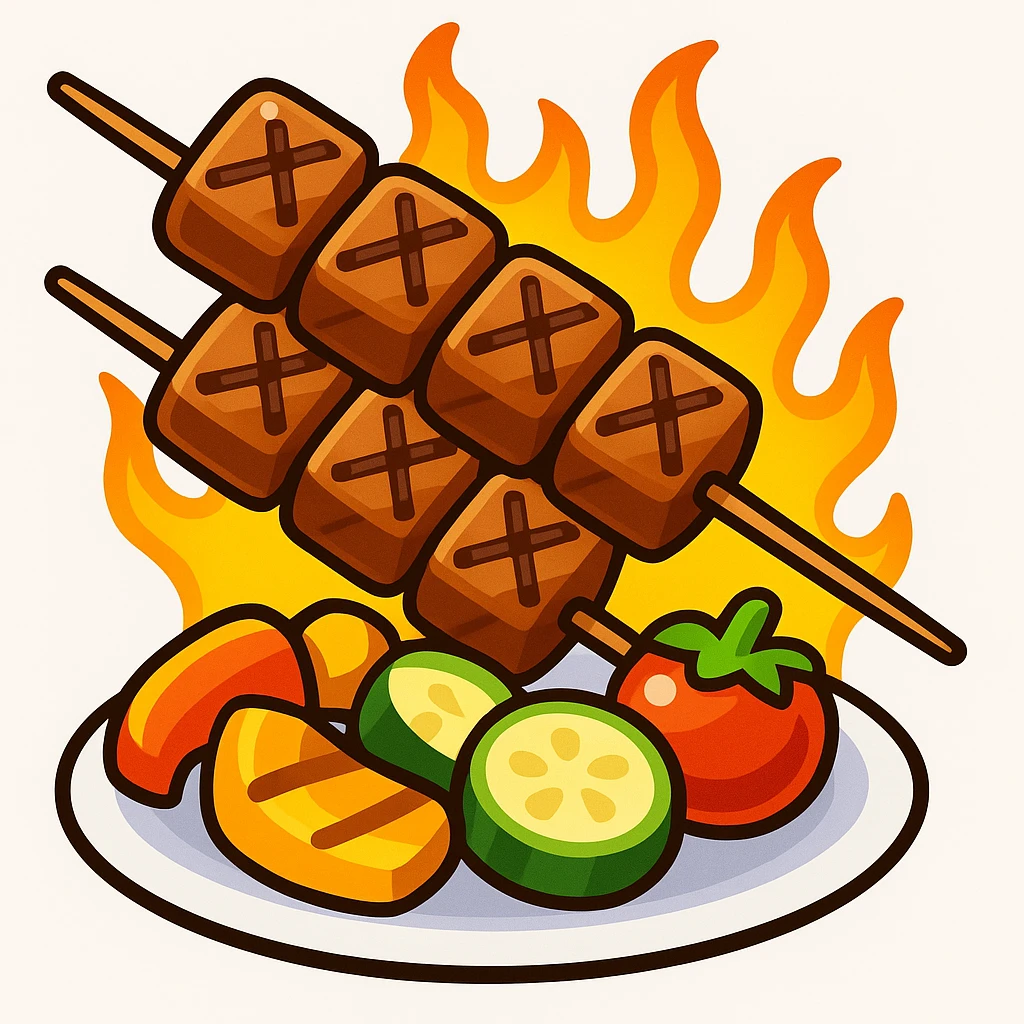 Beef skewer, emoji style, with a side of grilled vegetables emoji