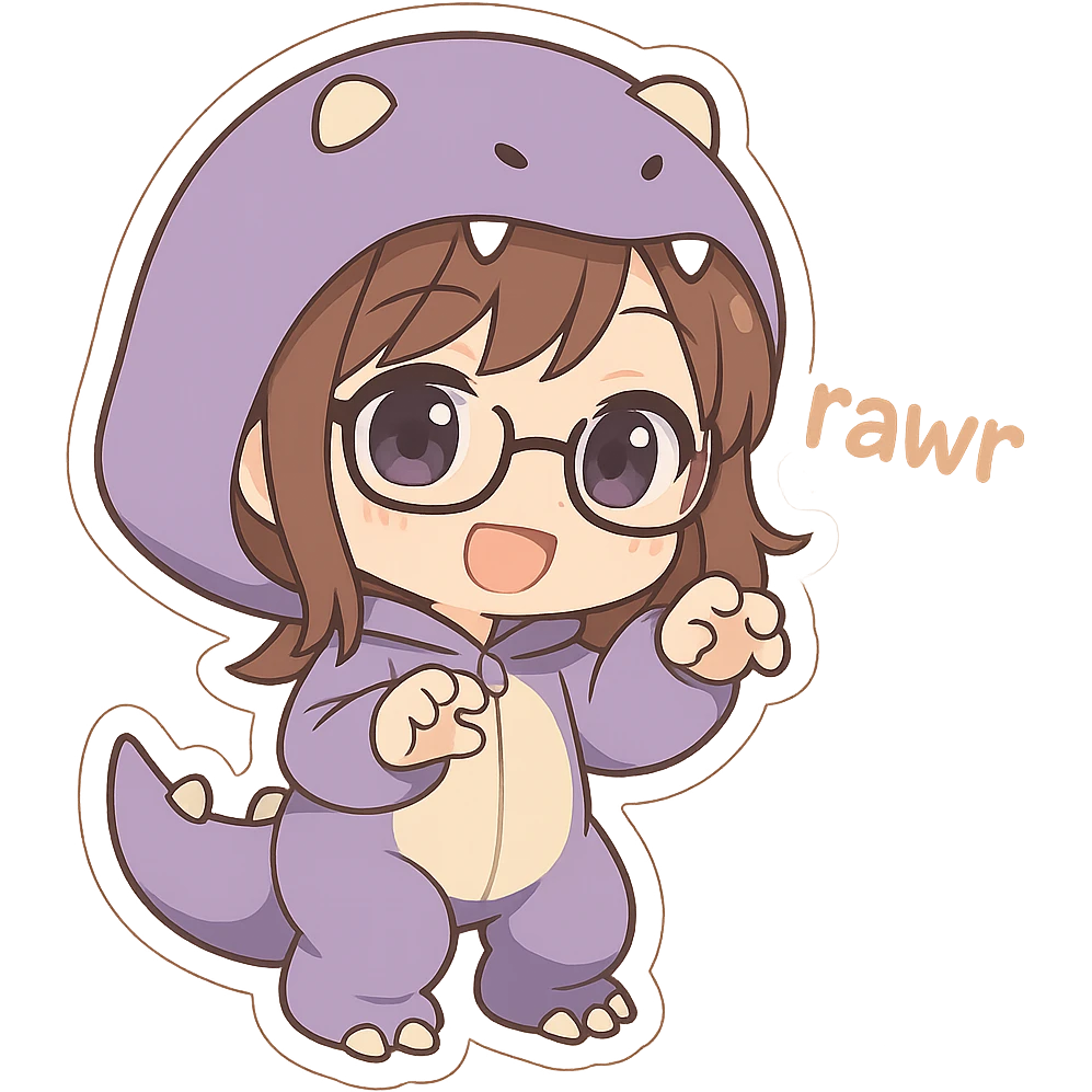 chibi anime style girl with glasses, brown hair, dark purple eyes, wearing a purple dinosaur costume, saying 'rawr' in a cute playful way emoji