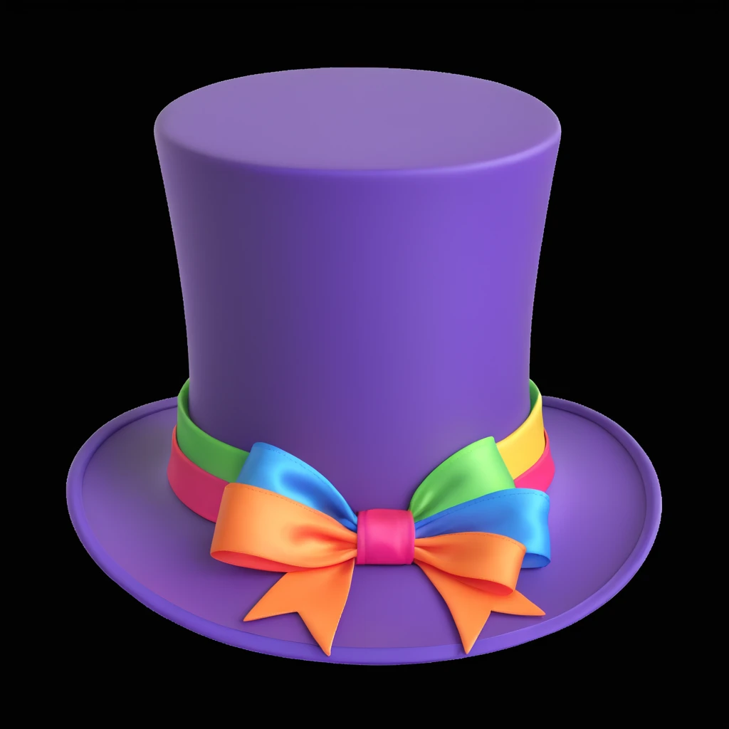 tall vintage-style purple top hat with smooth slightly glossy surface, wide brim, colorful satin ribbon wrapped around base, whimsical and elegant, inspired by Willy Wonka's iconic headwear, apple-style cartoon finish, soft shadows, clean white background emoji
