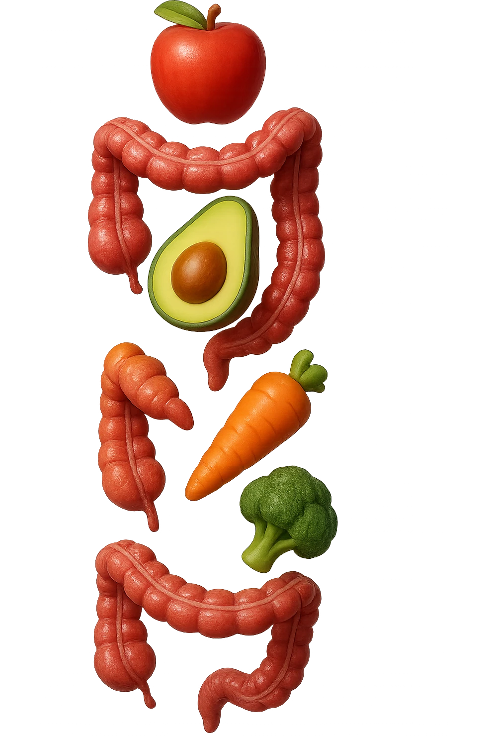 emoji stile iphone in 3d di cibo sano che fluttua in aria vericalmente insieme a pezzi di colon umano anatomico, iperrealistico 4k emoji