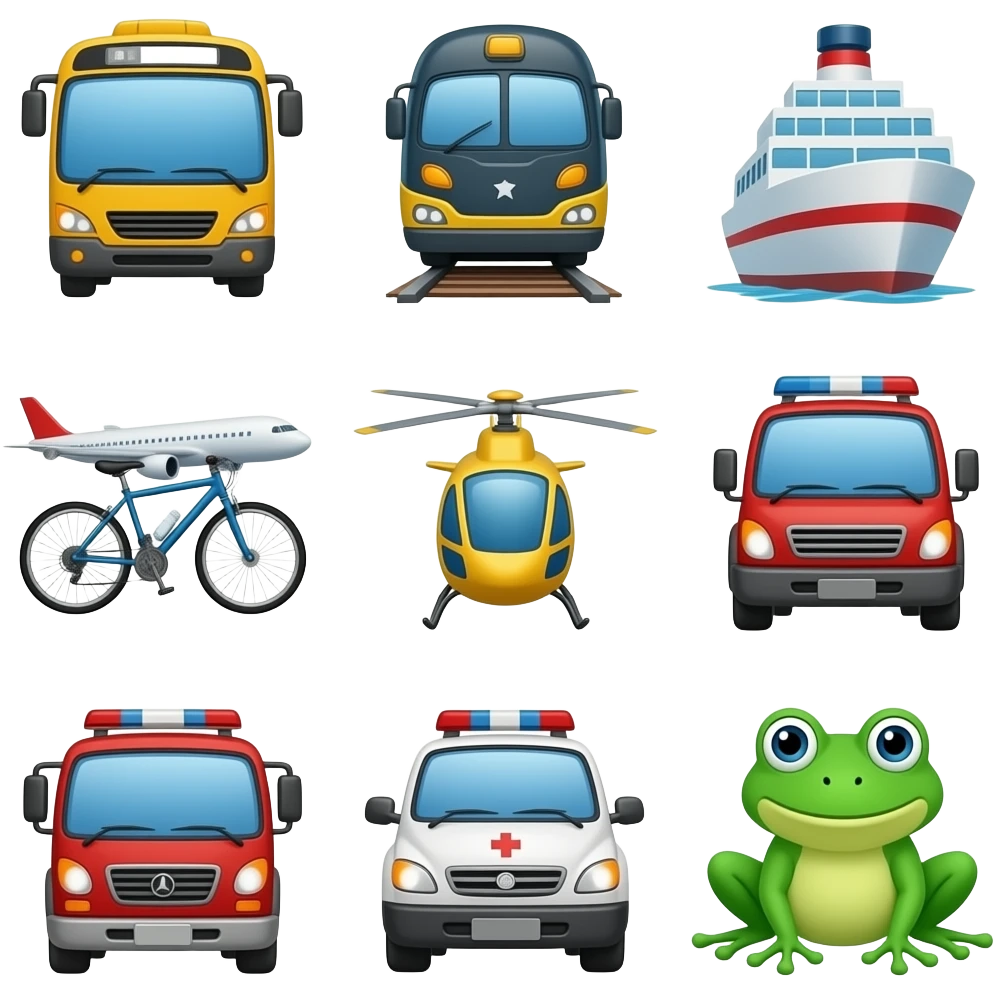 Look it all the vehicles: car, bus, train, ship, airplane, bicycle, helicopter, truck, fire engine, ambulance, and frog emoji