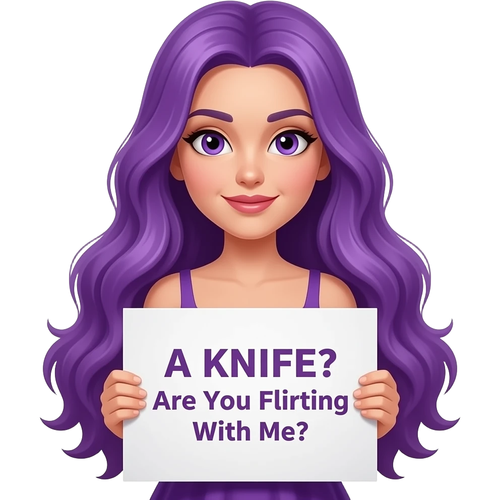 sexy girl with long purple hair and purple eyes wearing a dress holding a A KNIFE? Are You Flirting With Me? sign emoji