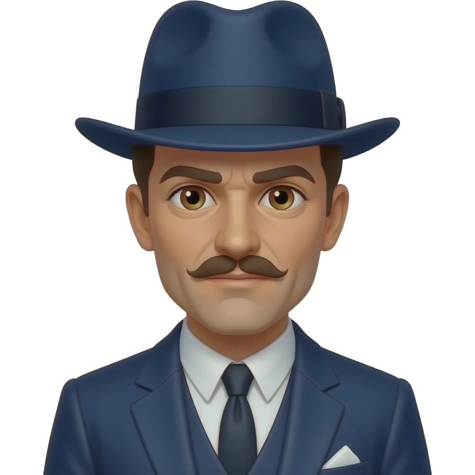 Clyde Barrow from Bonnie & Clyde with hazel eyes, dark brown 1930s hair, navy blue metallic suit , navy blue fedora hat emoji