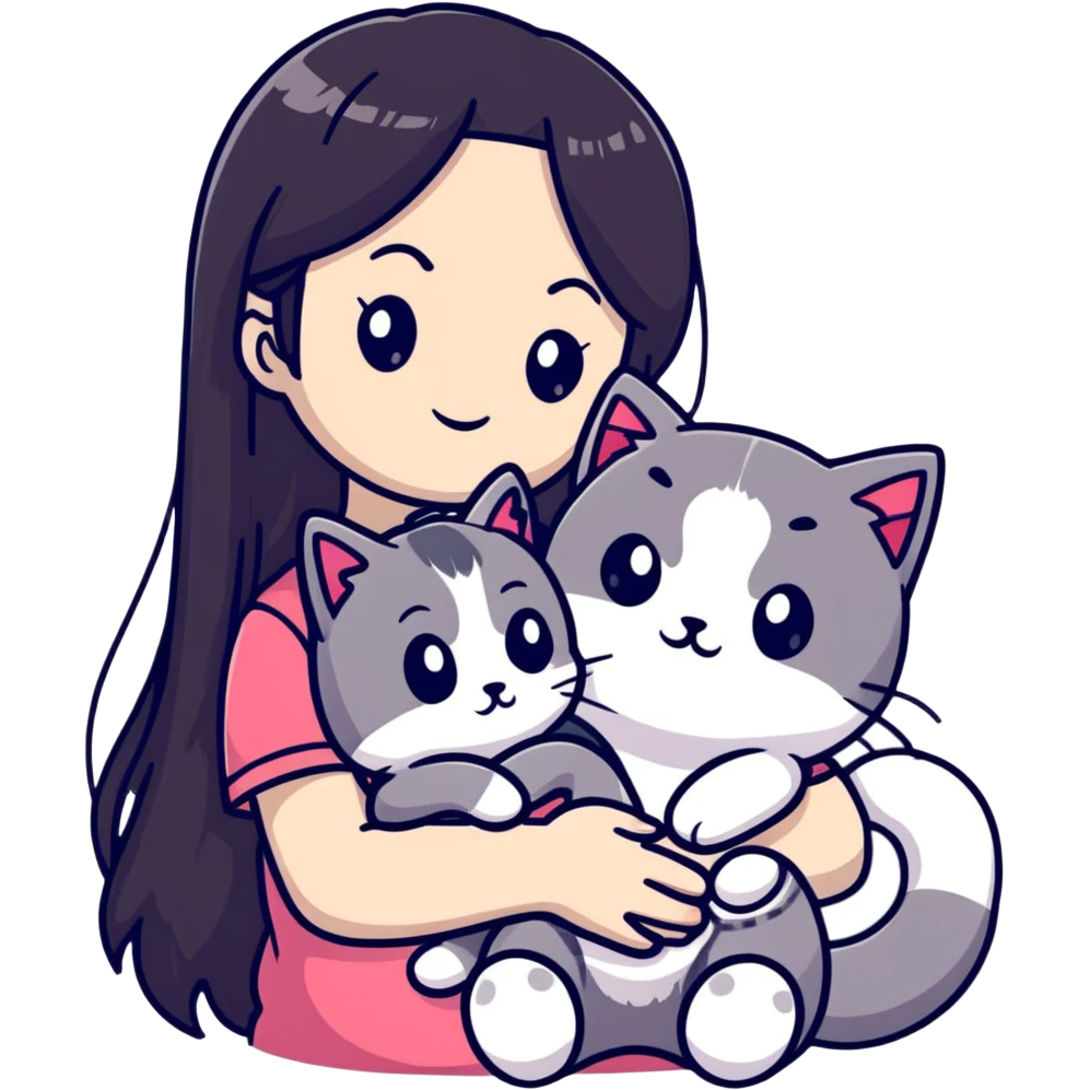 Girl with straight black long hair hugging a colorpoint ragdoll plush toy and a tricolor long-haired cat emoji