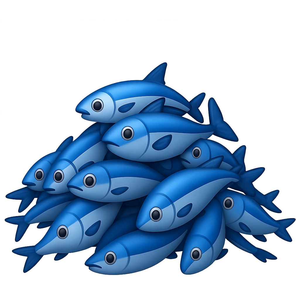 Create a large, loosely pyramid-shaped pile of blue fish in the style of iPhone Apple emojis, blending between 2D and 3D appearance, with a transparent background, variation 1. emoji