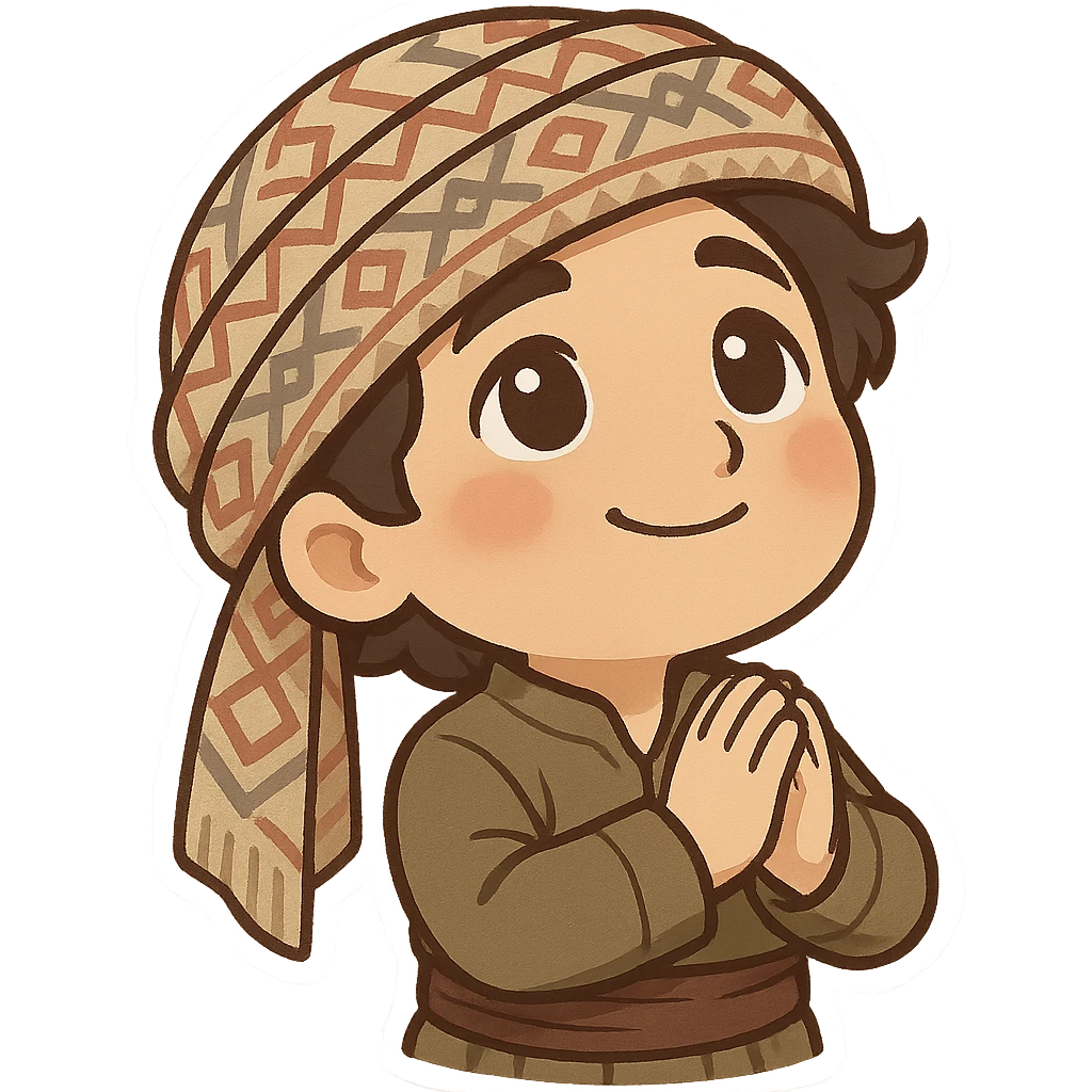 Kurdish sticker, hopeful mood, cartoon style, Kurdish person in jamadani, looking up with a gentle smile, hands together, no text emoji