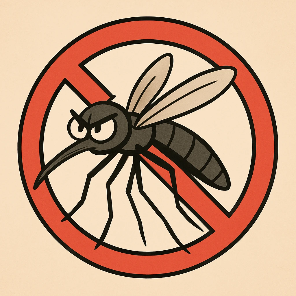 straightforward cartoon mosquito silhouette with a red prohibition sign circle and diagonal line crossing through it, clean easy-to-read cartoon style emoji