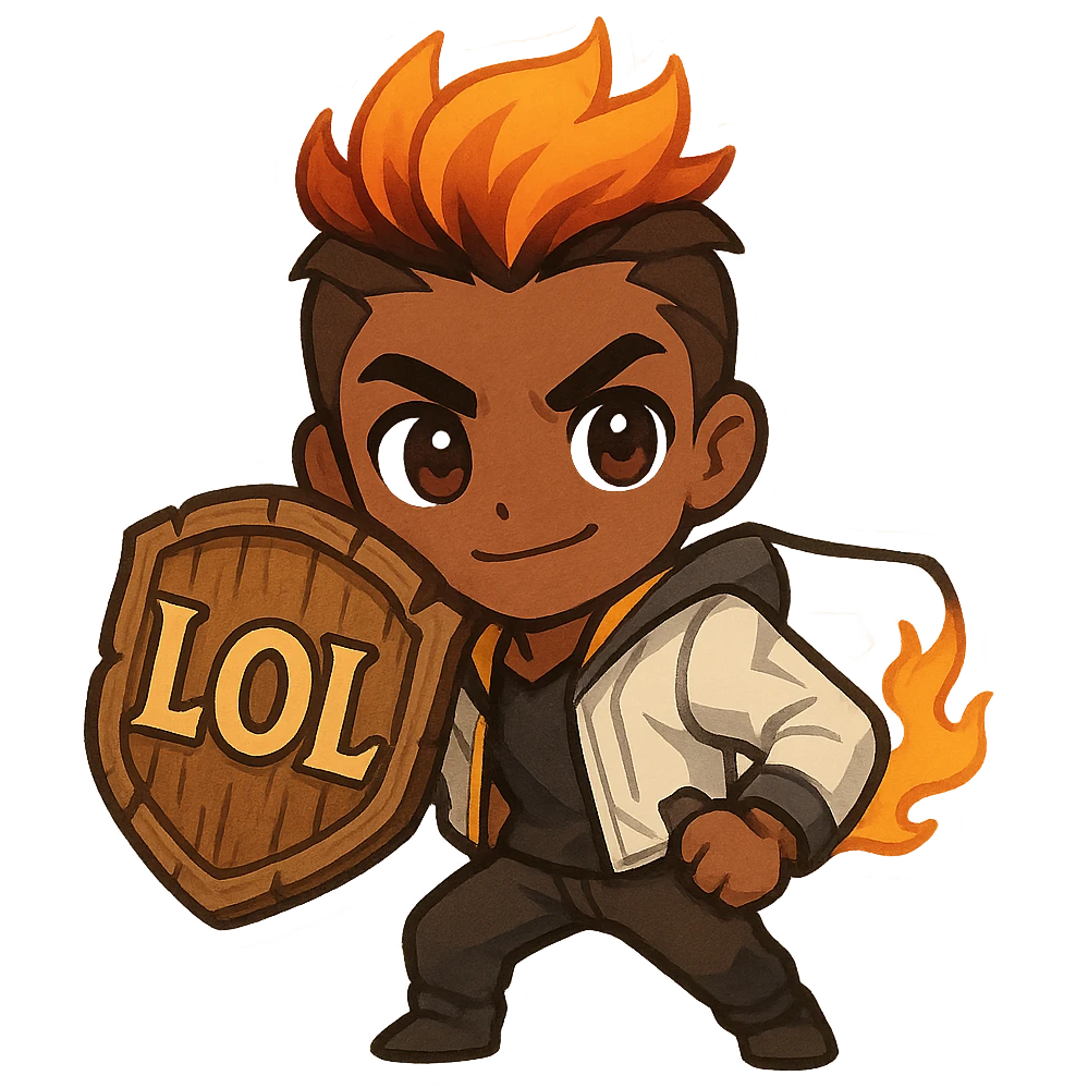 Create a chibi style illustration of Phoenix from Valorant with large eyes and a small figure. Use typical fiery hair color and depict a confident pose different from the original. Include a comic-art style wooden shield that looks slightly rustic and handmade. On the shield, add the text 'LOL' in bold, clear, slightly ornate lettering. The image should have clear lines and a friendly, energetic vibe. Make it emoji-compatible at 128x128 px. emoji