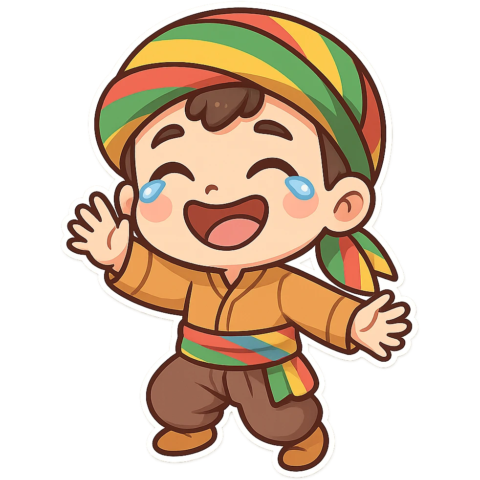 Cartoon sticker of a Kurdish child wearing traditional Kurdish child clothing, colorful and cheerful, face with a big smile and tears of joy, no text, suitable for WhatsApp and Instagram, transparent background. emoji