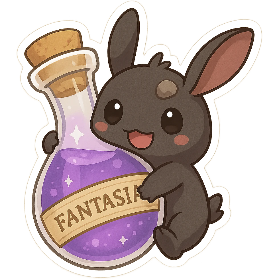 A spriggan from FFXIV holding an oversized fantasia bottle, chibi style, adorable and expressive emoji