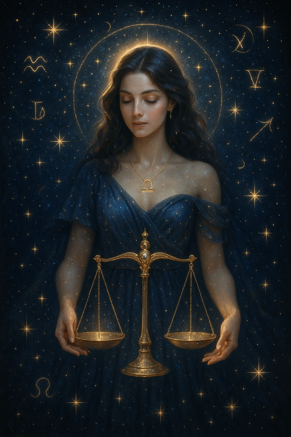 Libra woman, celestial, surrounded by stars, zodiac, no text emoji