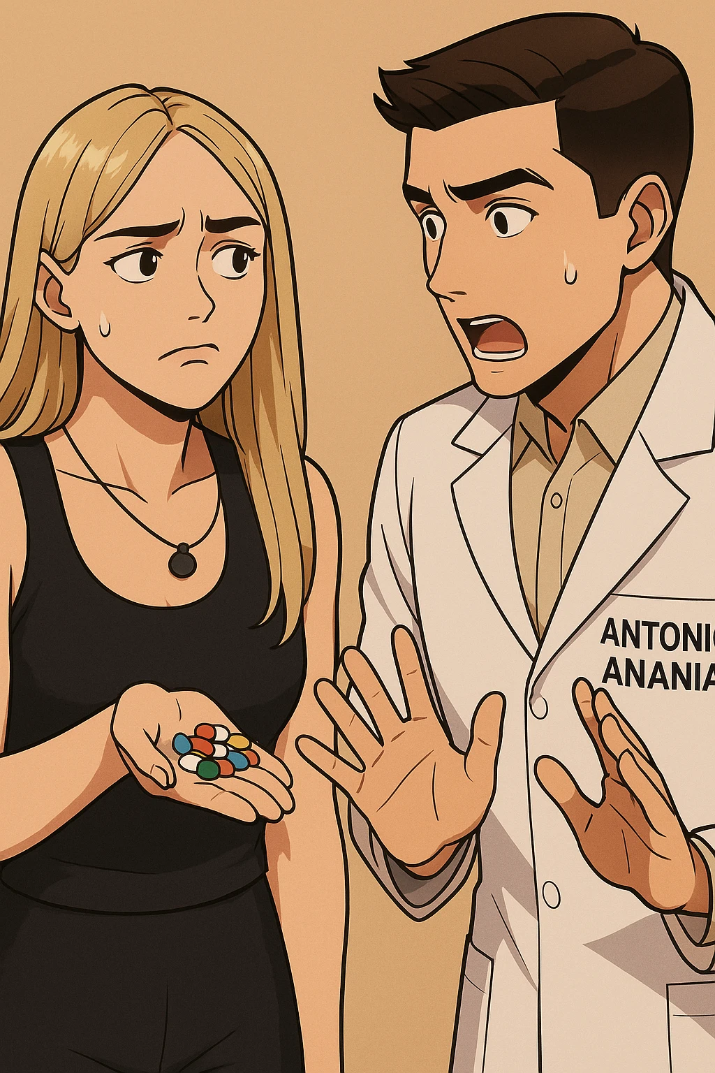 fai un webtoon/manga a colori con questo kinesiologo in camice bianco (fagli la scritta "ANTONIO ANANIA" SUL CAMICE) CHE PARLA CON QUESTA RAGAZZA. LA RAGAZZA HA UN PUGNO DI INTEGRATORI IN MANO (TANTE PILLOLE DIVERSE) E LE GUARDA DUBBIOSA. IL KINESIOLOGO CON IL CAMICE BIANCO LE DOMANDA UNA COSA SCIOCCATO. NON FARE I FUMETTI, FAI SOLO LORO COME SE DIALOGASSERO emoji