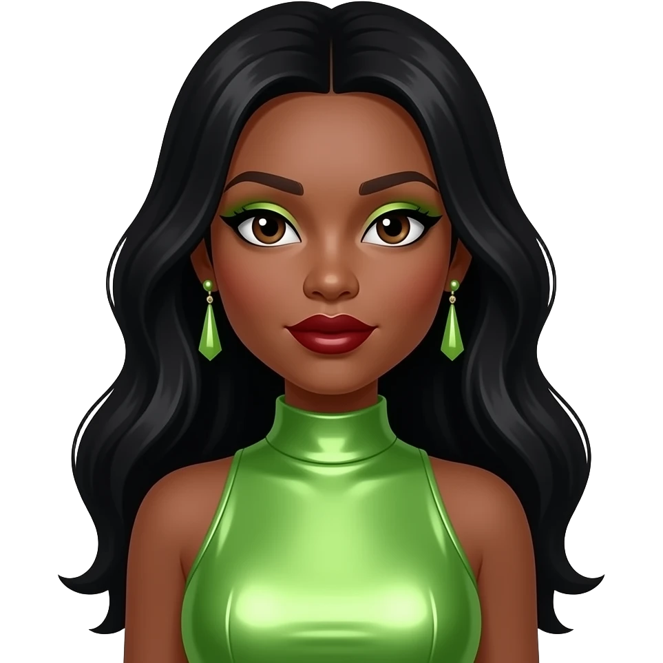 Shamari Fears from Blaque with dark brown eyes, long black hair, lime eyeshadow, dark red lipstick, lime green metallic high neck dress, earrings emoji