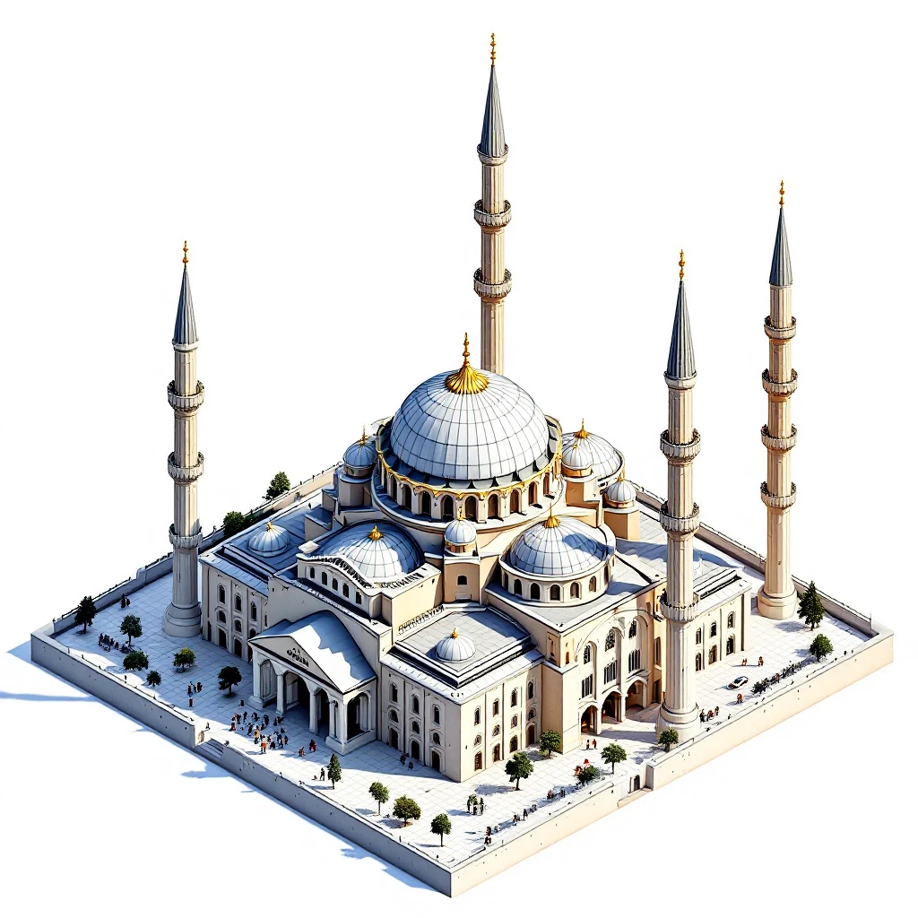 Isometric illustration of Istanbul, featuring real photorealistic Hagia Sophia with ts large central dome and four tall minarets, with real transparent background emoji