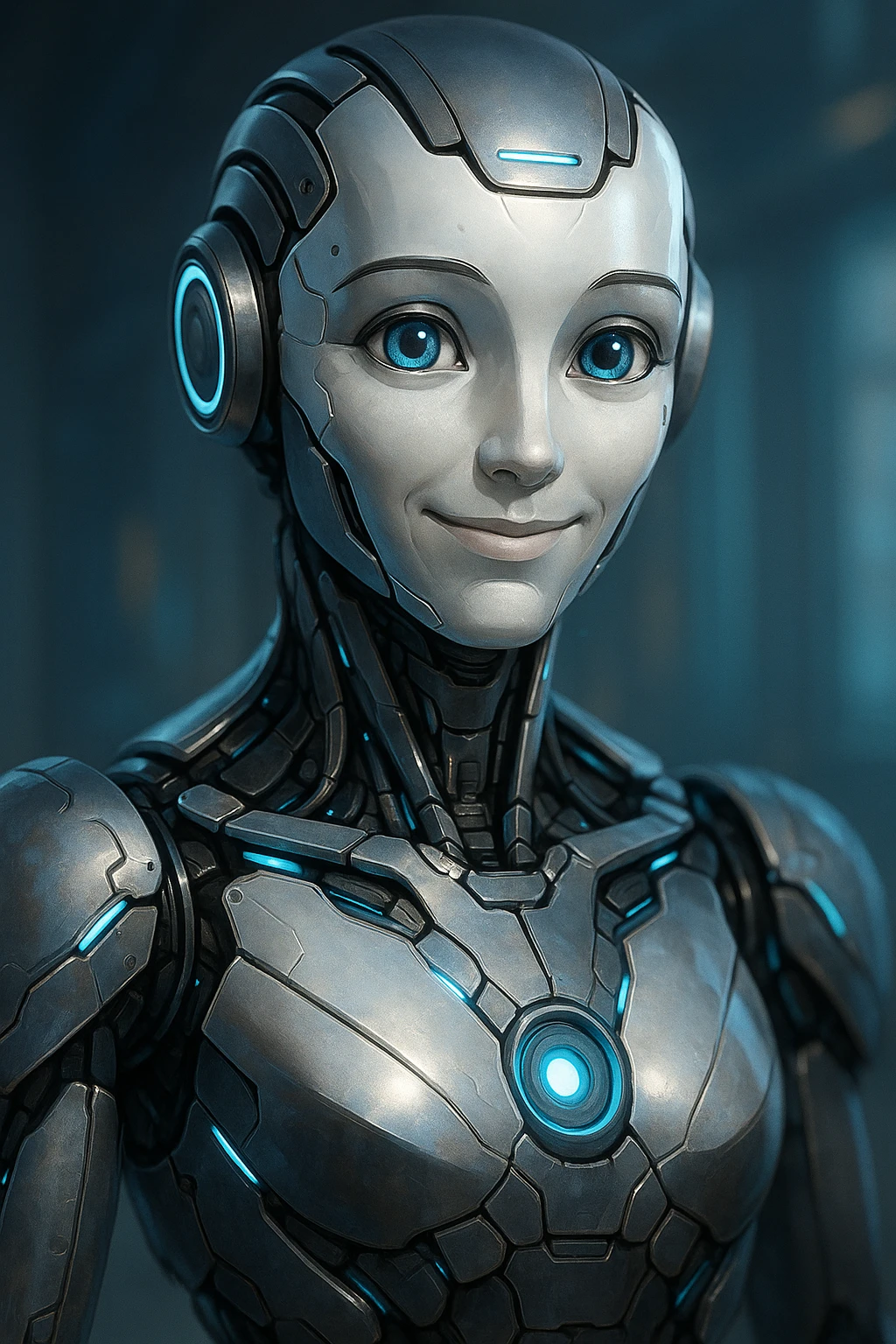 artificial intelligence, humanoid robot, expressive eyes, gentle smile, futuristic style emoji