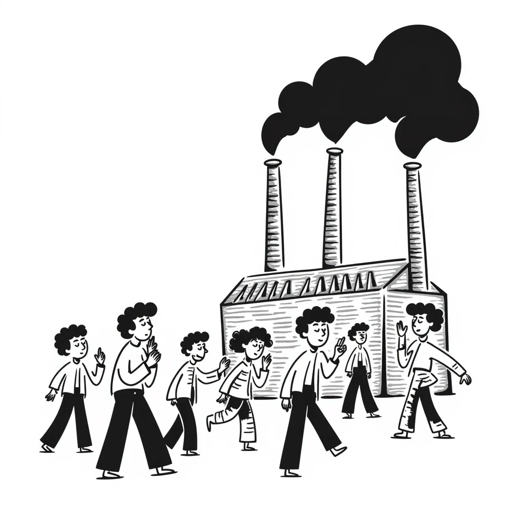 A factory with chimneys pumping out smoke and pollution with people coughing and choking emoji