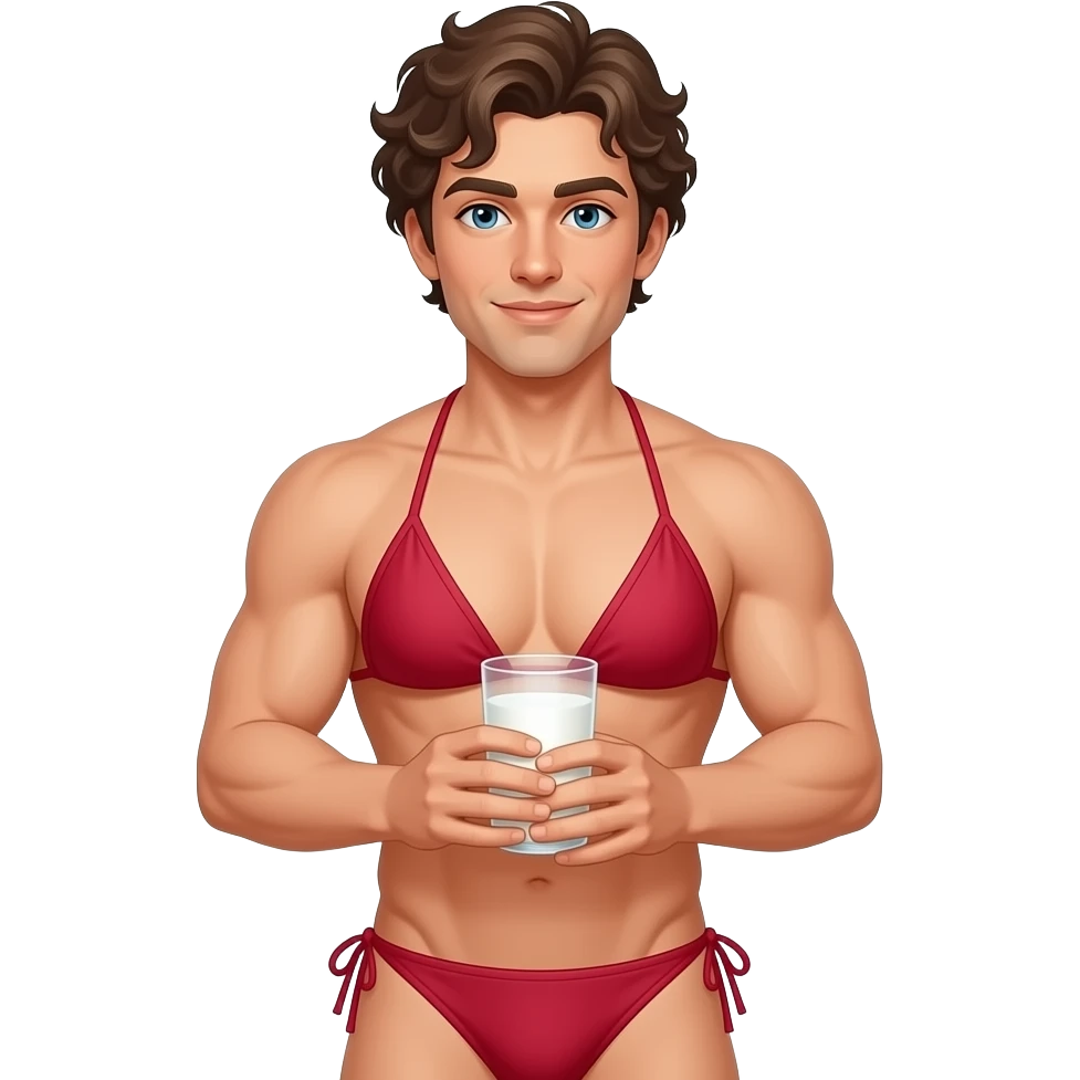 Muscle man with dark blonde curly hair in candy apple red colored bikini top and thong bottom holding a glass of milk emoji