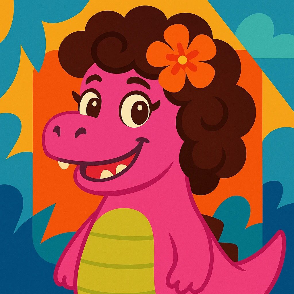 pink dinosaur with brown curly hair, a Hawaiian flower in her hair, and brown eyes, vibrant illustration style emoji