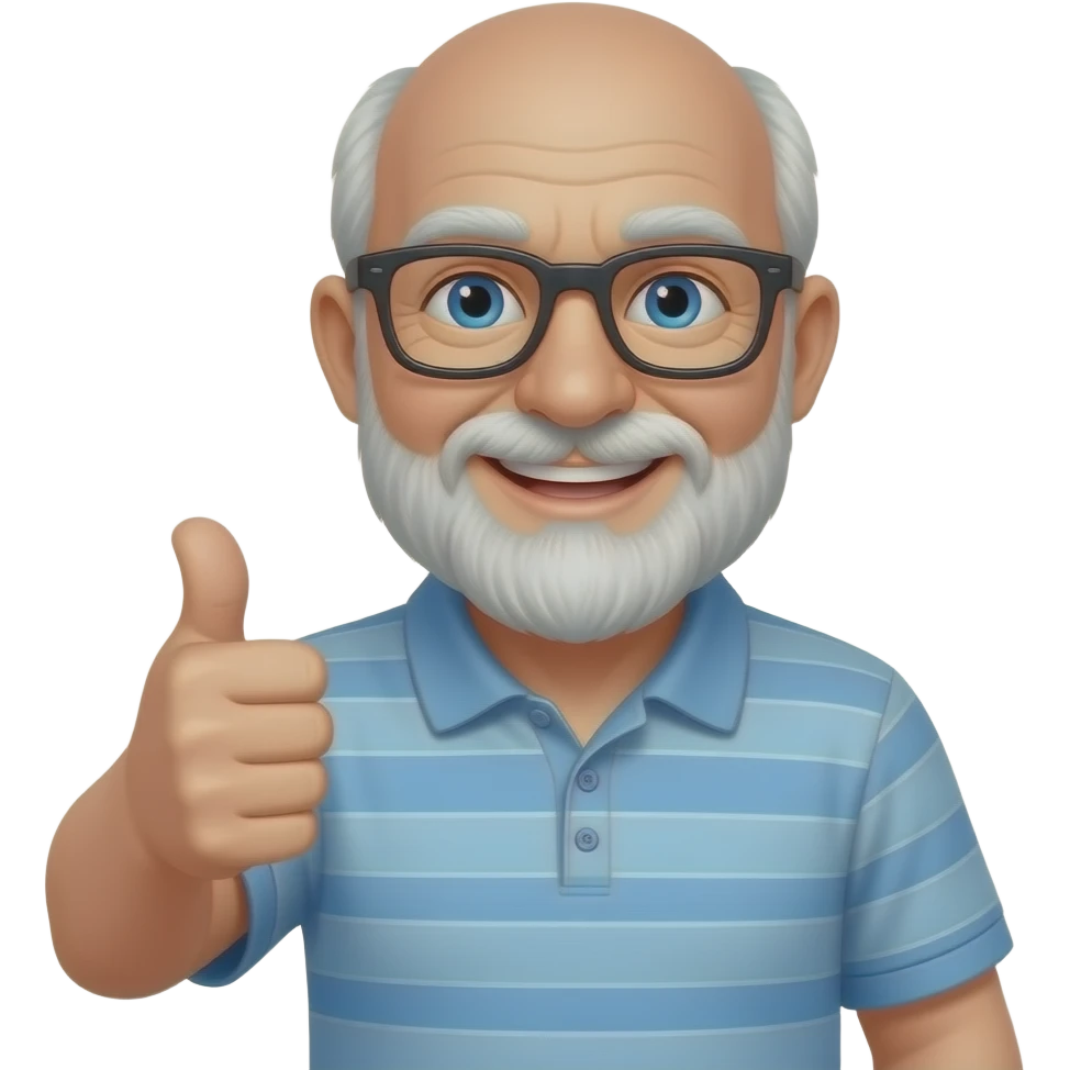 old bald man with white beard, blue eyes, black glasses, thumbs up, golf polo shirt, smiling emoji