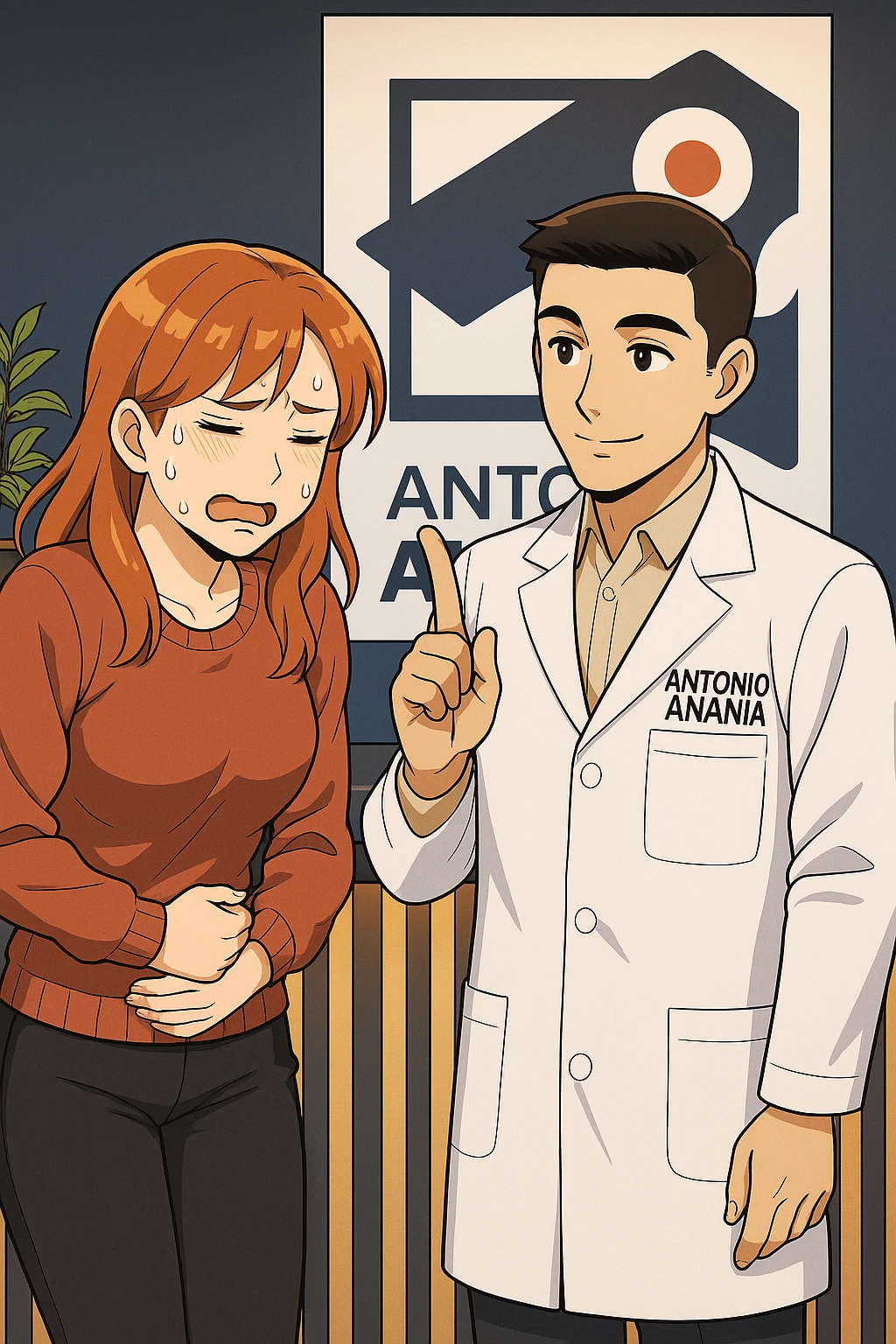 su questo stile fai un manga/webtoon a colori in cui una donna PREOCCUPATA FA UNA DOMANDA ALL'UOMO, l'uomo della foto in stile manga LE DICE DI "NO" CON IL DITO, mantieni un ambiente simile alla foto che ho allegato con il suo logo (sarebbe il suo studio, lui è un kinesiologo), scrivigli "ANTONIO ANANIA" sul camice bianco, non mettere fumetti, ma fai in modo che sembri che la donna CHIEDA ALLARMATA E L'UOMO LA TRANQUILLIZZI emoji