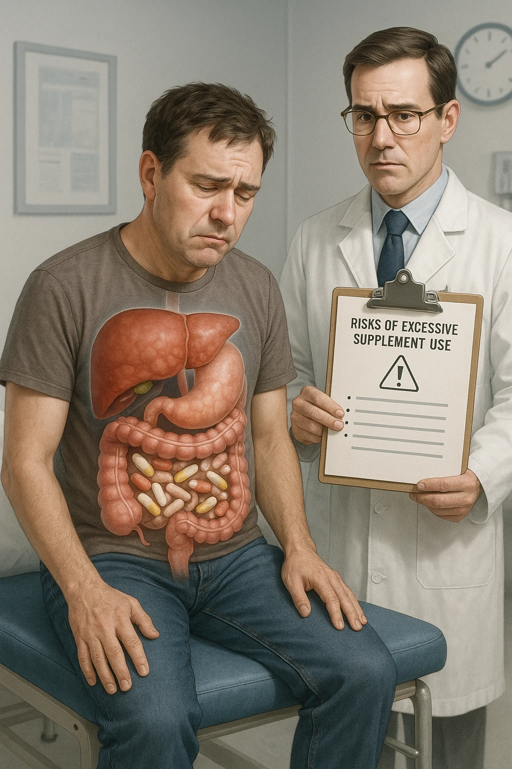 a man sits on a doctor’s examination table, looking fatigued and uncomfortable. A transparent anatomical overlay reveals his liver and intestines, both appearing inflamed and congested, with stylized supplement capsules and pills scattered throughout the digestive tract. The doctor stands nearby, holding a chart that highlights the risks of excessive supplement use. The mood is clinical and educational. in italiano iperrealistica emoji