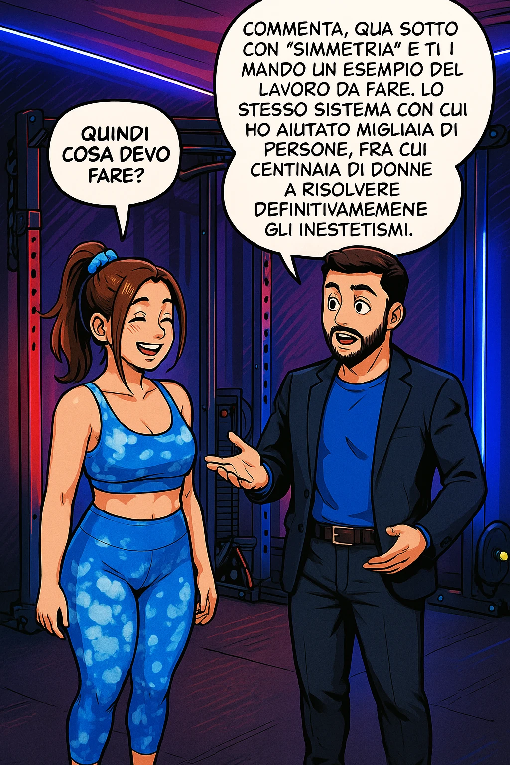 TRASFORMA QUESTO CAROSELLO IN UN FUMETTO STILE WEBTOON/MANGA A COLORI CON QUESTE DUE PERSONE IDENTICHE CHE INTERLOQUISCONO TRA LORO, LA DONNA SEMBRA SOLLEVATA/SODDISFATTA E CONTENTA:

LEI (DONNA): Quindi cosa devo fare?
LUI (UOMO): Commenta, qua sotto, con “simmetria” e ti mando un esempio del lavoro da fare. Lo stesso sistema con cui ho aiutato migliaia di persone, fra cui centinaia di donne a risolvere definitivamente gli inestetismi. emoji