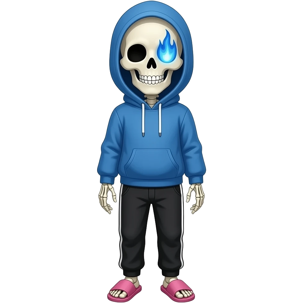 Sans the skeleton, blue hoodie with hood down, a grin, right eye has a blue flame, black jogging pants, pink slippers emoji