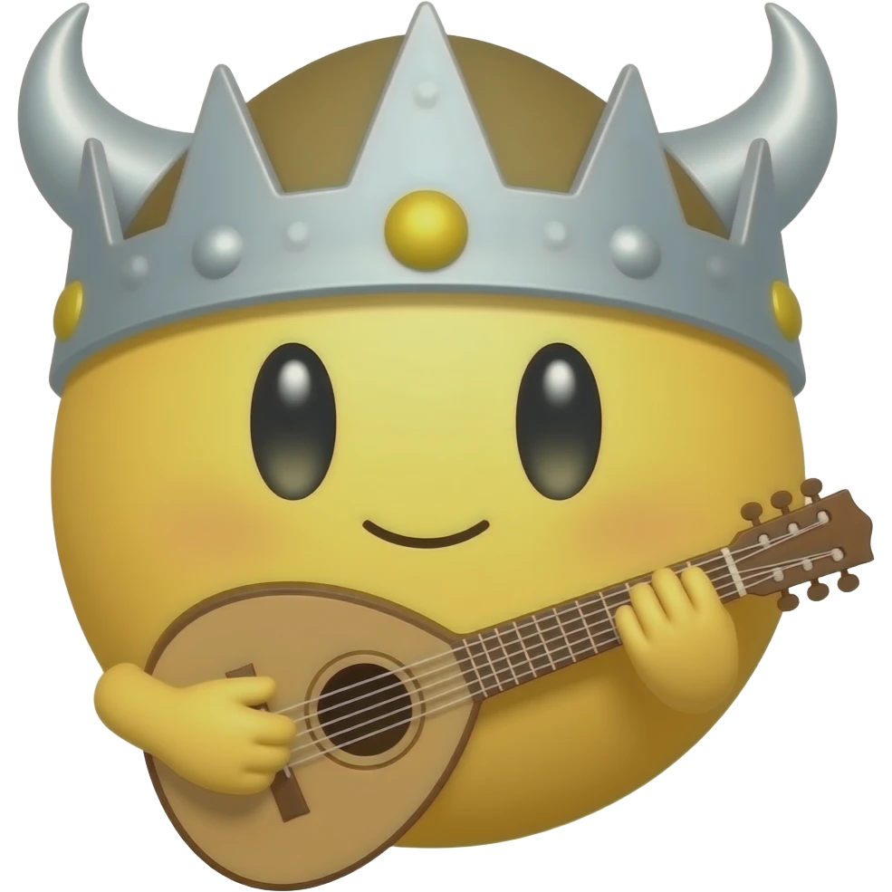 verry round yellow face emoji with a "medieval bard hat" and a "medieval bard instrument", "no arms nor hands" emoji