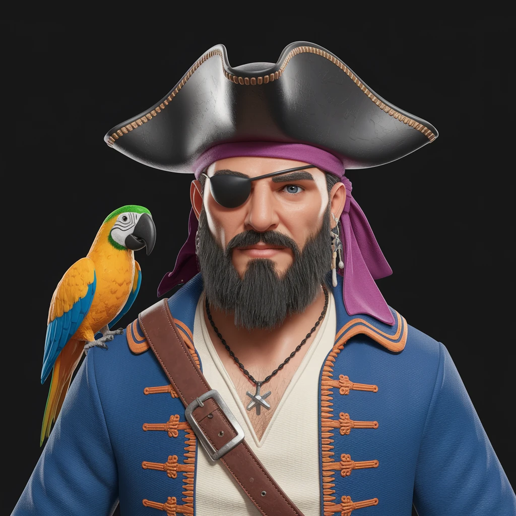 digital 2d art of pirate with eye patch and parrot emoji