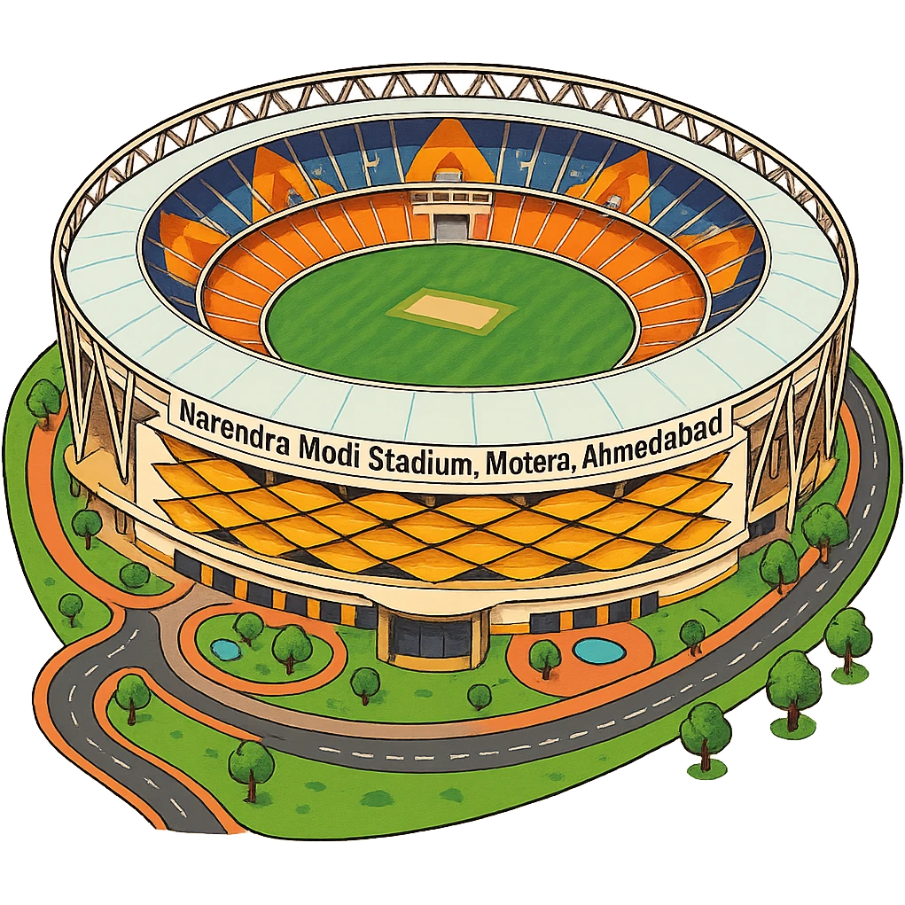 Изометричная, яркая, детализированная иллюстрация стадиона Narendra Modi Stadium в Ахмедабаде, Индия, в стиле 3D-коллажей городов, насыщенные цвета, аккуратные линии, мультяшно-реалистичная стилистика. Чёткие контуры, прозрачный фон, высокое качество. emoji