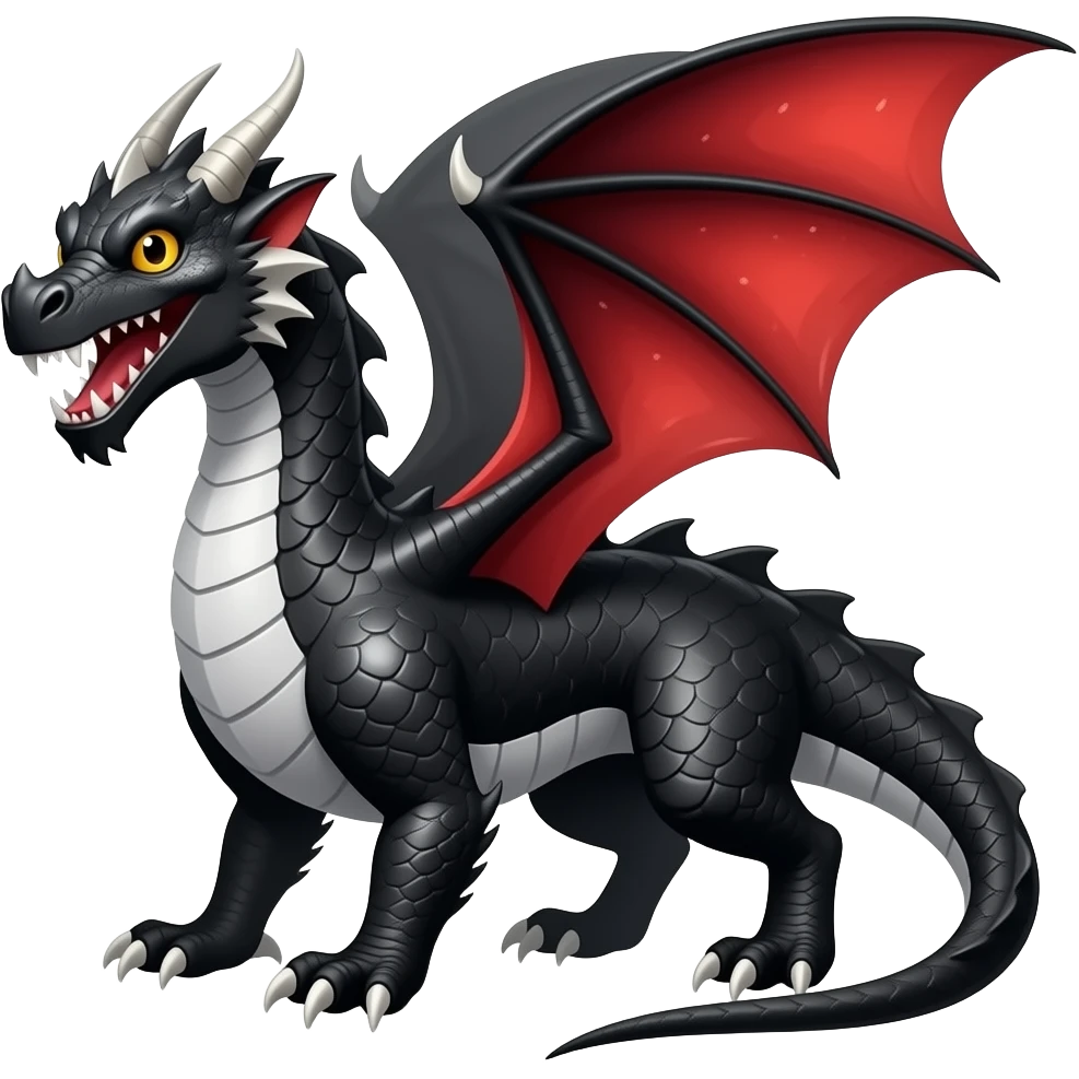 BLACK AND WHITE DRAGO make ot realistic N WITH RED SHADE white sharp teeth shown and white spots kn kegs emoji