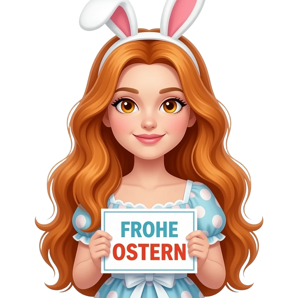 sexy girl with overlong ginger hair and ginger eyes wearing a easter dress holding a FROHE OSTERN sign emoji