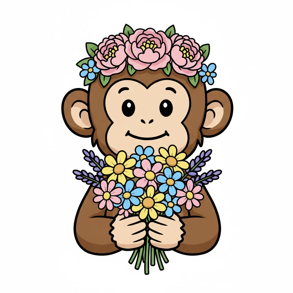 monkey with flowers, front view,  Frontal Top-Down Soft Light, white background, portrait, casual cartoon stylized game mobile emoji