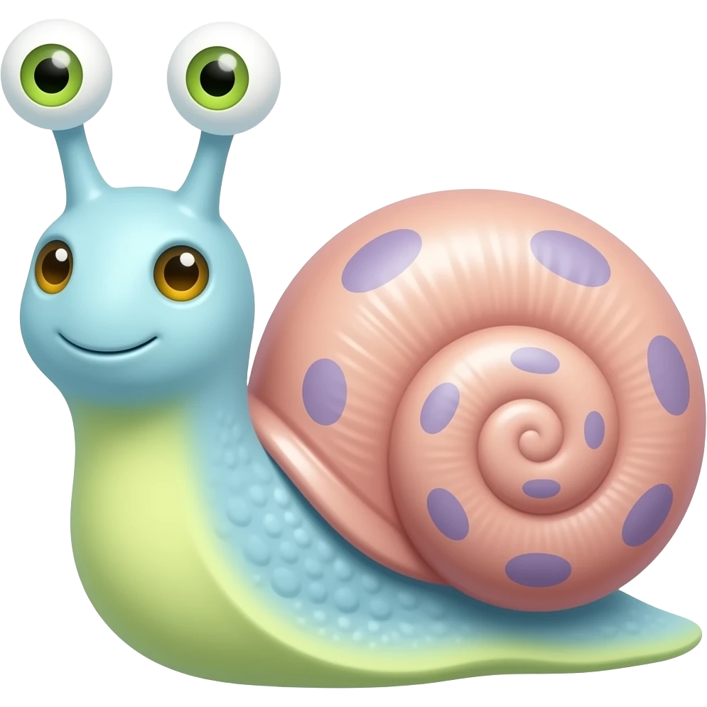 Gary the snale,  eyes on the top of his antenna with the colors being dull light blue for the body and light yellow green at the bottom. eyes are also light yellow green with orange pupils. shell is light pink with dull purple spots emoji
