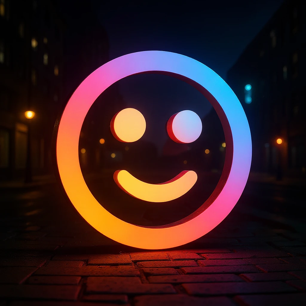 The logo rendered as a neon sign at night, glowing effect, urban environment emoji