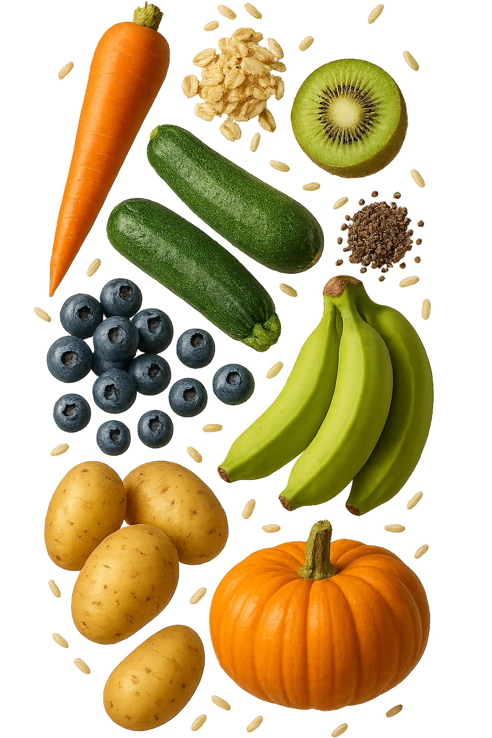 carota, fiocchi di avena, zucchine, kiwi, mirtilli, semi di chia, patate, banane acerbe, zucca, riso fluttuano in aria verticalmente, iperrealistici 4k emoji