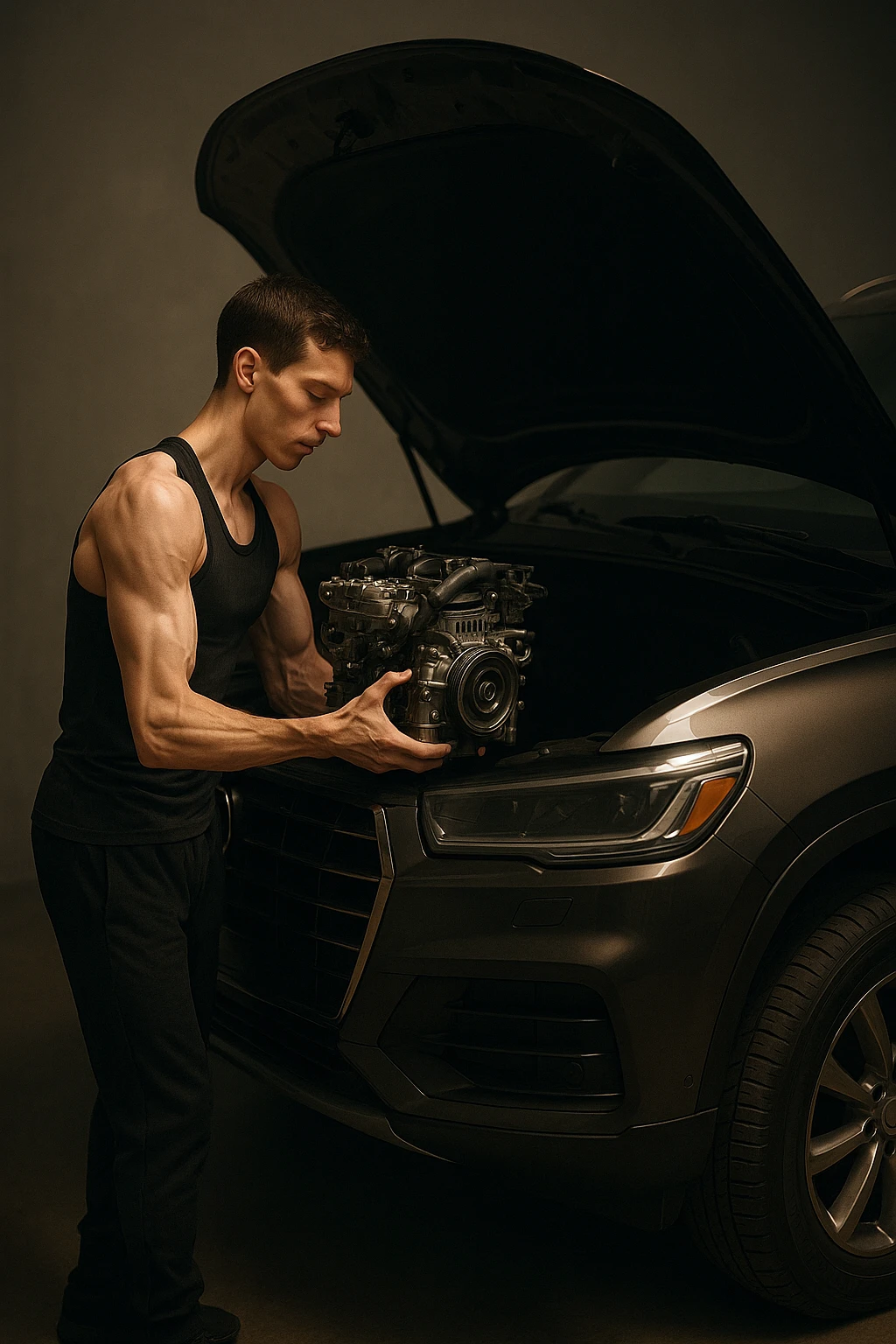 a lean, slimmed-down bodybuilder in gym clothes stands beside a large, imposing car (like an SUV or luxury sedan) with the hood open. Con attenzione e un po’ di fatica, solleva e installa un piccolo motore nel grande vano motore dell’auto. Il contrasto tra la stazza dell’auto e la dimensione ridotta sia del motore che del bodybuilder è evidente. L’atmosfera è riflessiva e simbolica. emoji