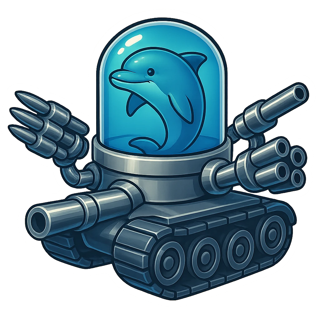 Menacing dolphin in a water tank mounted on tank treads, with a lighter shiny metallic look and less grainy texture. Blue water in the tank. More forward-facing missiles and large guns. Retro sticker style with no border. emoji
