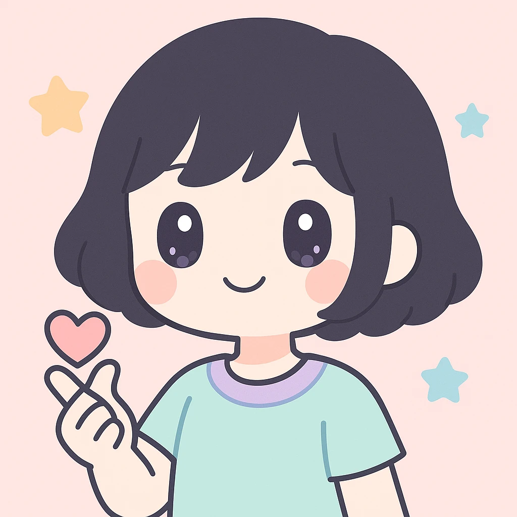 chica de cabello negro, corto y ondulado, haciendo un corazón con la mano, estilo anime kawaii emoji