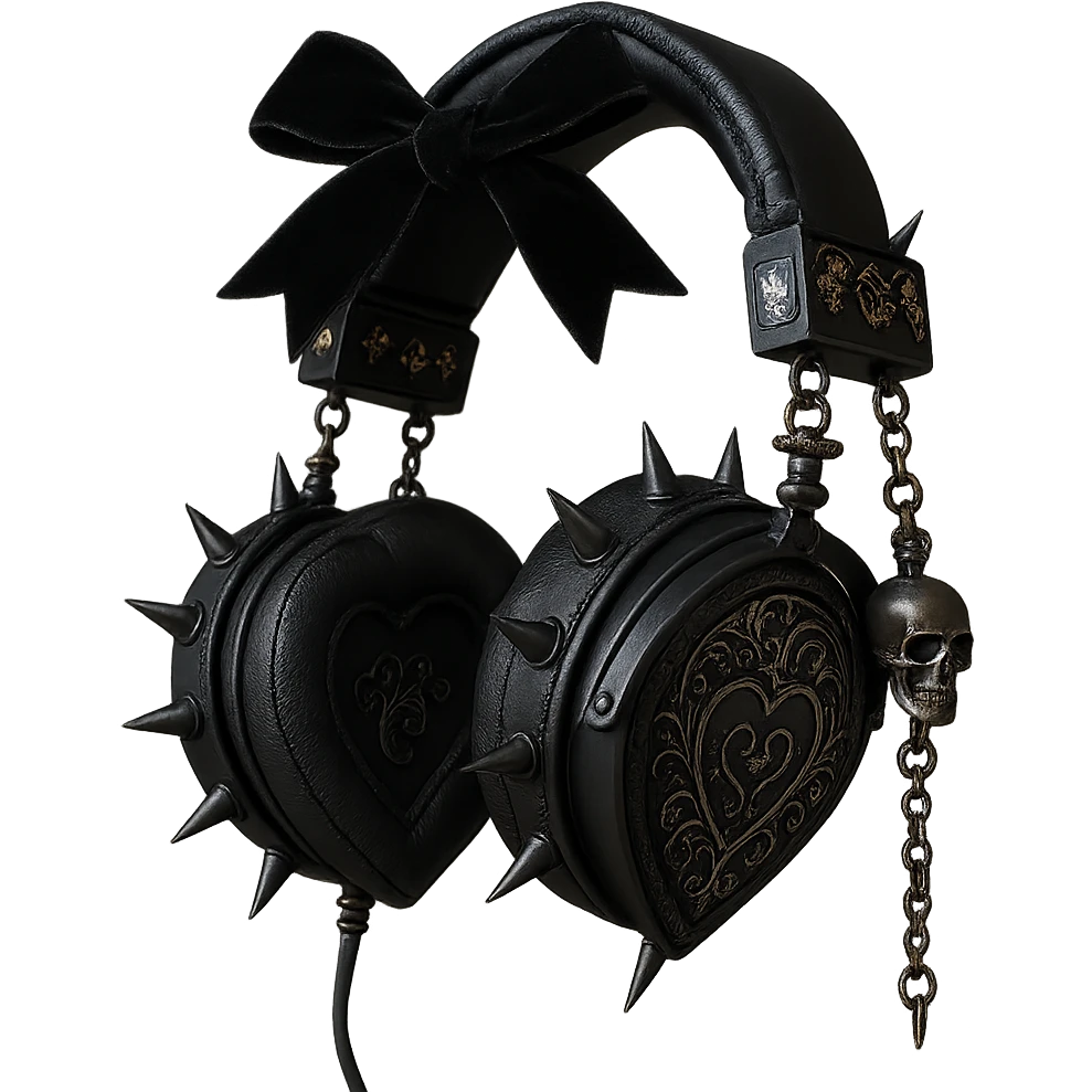 Add spiked hoops, a dangling skull charm, and a velvet ribbon to the realistic black gothic headphones with heart-shaped ear cups, metallic chains, and gothic engravings. Keep the background transparent. Maintain the realistic black gothic style with metallic and velvet textures. emoji