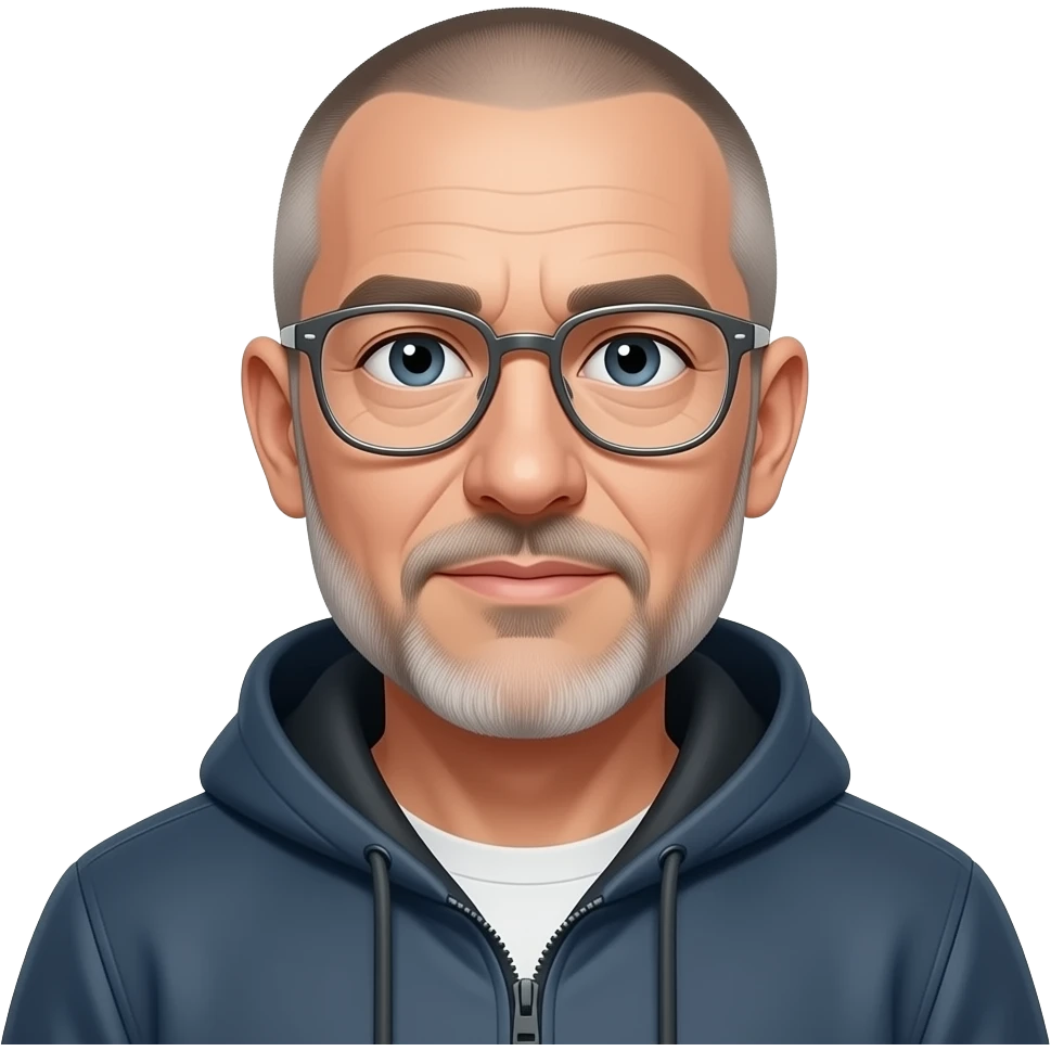 clean-shaven face cool boy metal-framed glasses ery entellectual man, 65 years old, street wear stubble, shaved short with clippers emoji