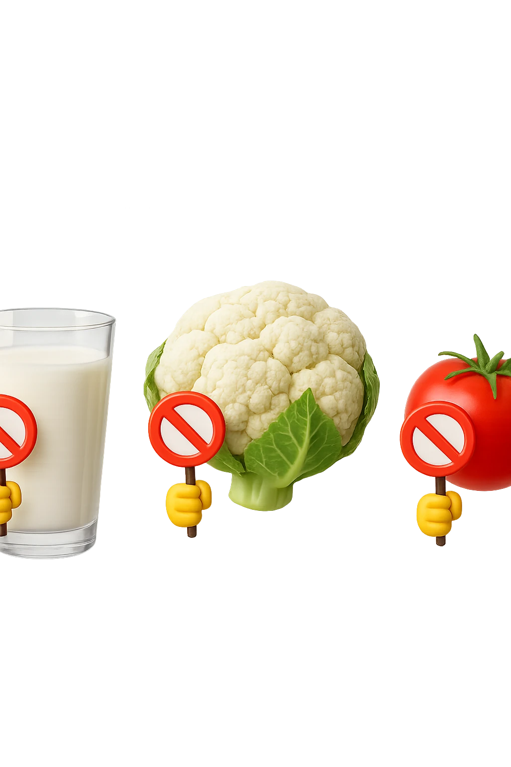 emoji stile iphone di un BICCHIERE DI LATTE CAVOLFIORE E POMODORO CHE FLUTTUANO IN ARIA VERTICALMENTE CON DIVIETI IN MANO, iperrealistico 4k, isolato su sfondo bianco emoji