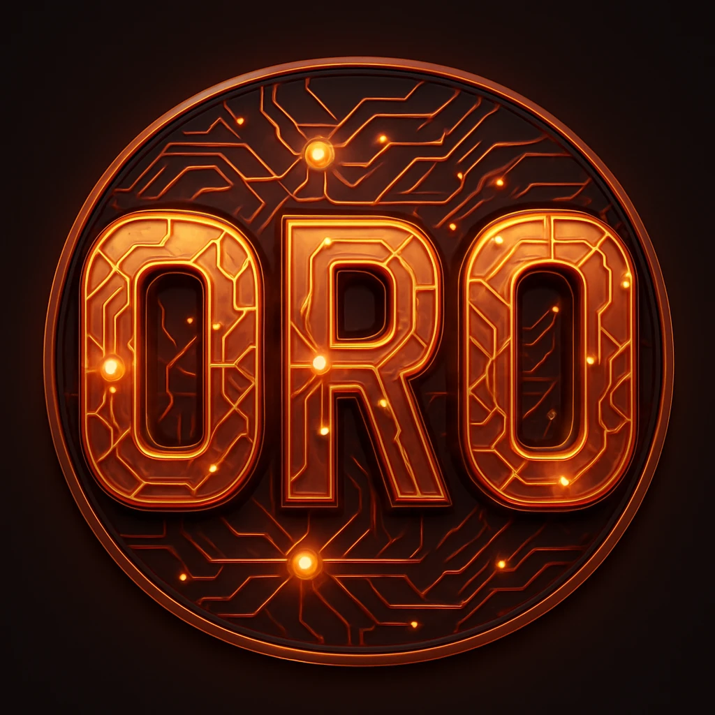 Creative 'ORO' emoji in orange blend, neural connections flowing across the text, with a high-tech, cybernetic, and visually striking futuristic design. emoji